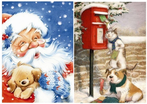 2 Lovely Christmas  card fronts with santa and puppies  A5