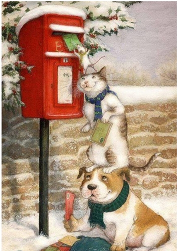  Lovely Christmas scene with cheeky Animals posting a letter A4