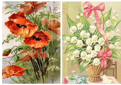  2 Beautiful Red Poppies/lily of the valley card fronts