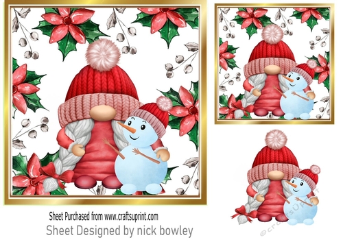 Christmas Gnome With A Snowman in poinsettia card frame 7x7