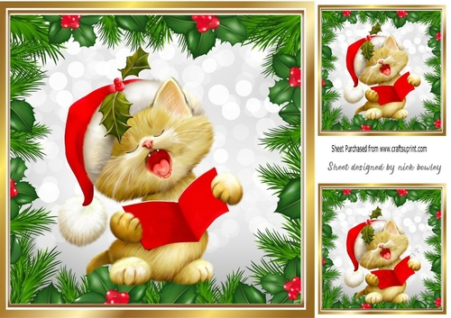 Lovely Holly and Berry frame with a kitty carol singing 8x8