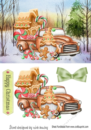 Lovely ginger bread house with gnome in snow scene A5