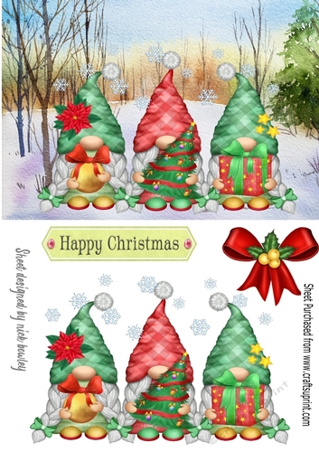 Lovely Trio of Christmas Gnomes in snow scene A5
