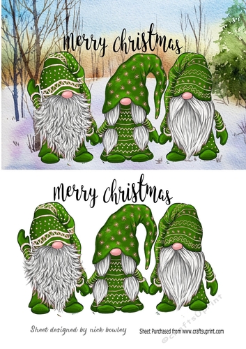  3 Lovely Gnomes in green in snow scene A5
