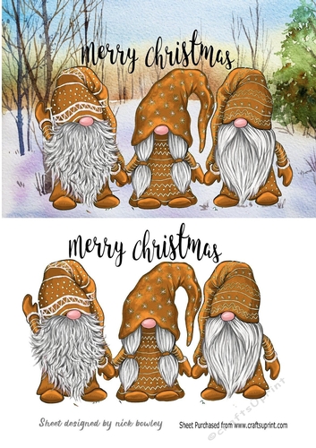 3 Lovely Gnomes in Gold in snow scene A5