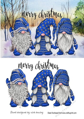 3 Lovely Gnomes in Blue in snow scene A5