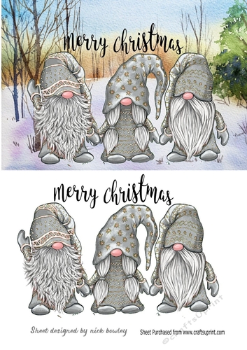 3 Lovely Gnomes in silver in snow scene A5