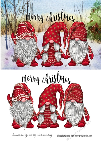 3 Lovely Gnomes in Red in snow scene A5