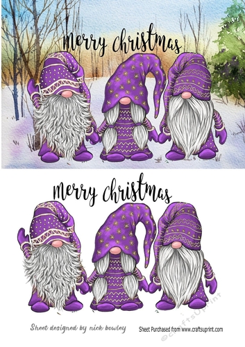 3 Lovely Gnomes in Purple in snow scene A5