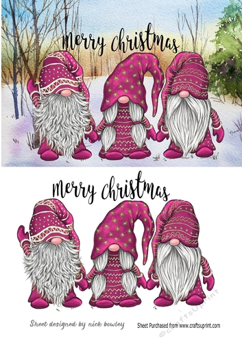 3 Lovely Gnomes in Pink in snow scene A5