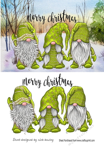 3 Lovely Gnomes in lime green in snow scene A5