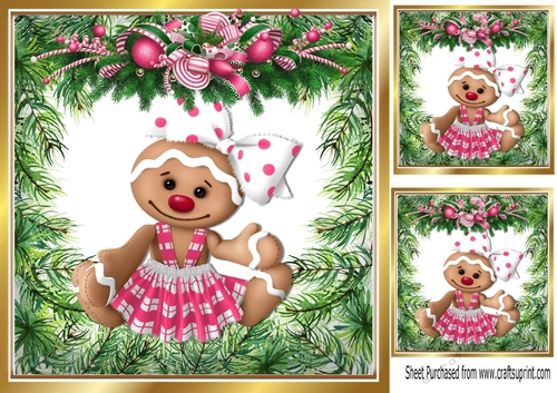 Sweet little gingerbread girl in pink bows with flowers 8x8