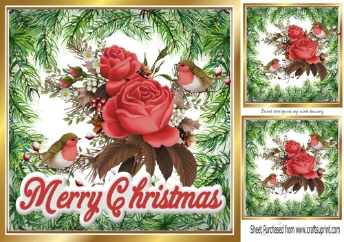 Pretty red winter roses with robins 8x8