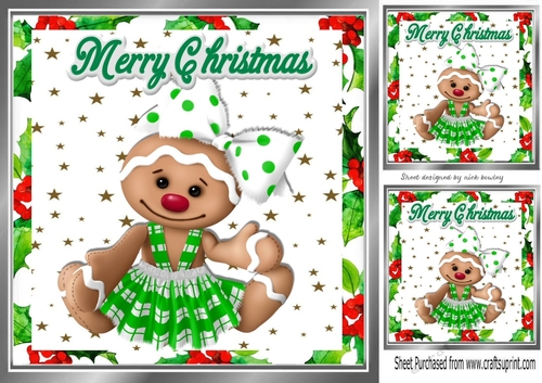 Sweet gingerbread girl in green bow with holly and berries 8x8