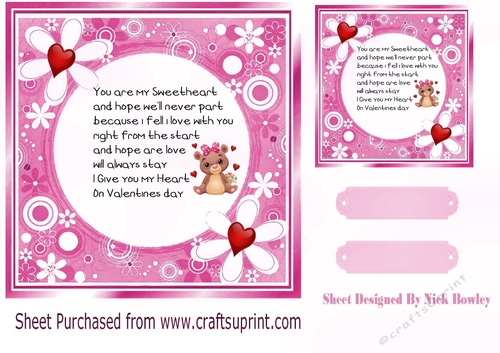 Sweet little valentine bear with hearts/flowers 7x7 insert