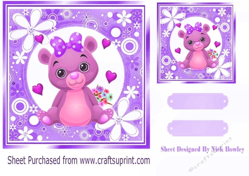 Sweet little valentine bear with hearts/flowers 7x7 (pink)