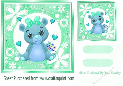 Sweet little valentine bear with hearts/flowers 7x7 (blue)