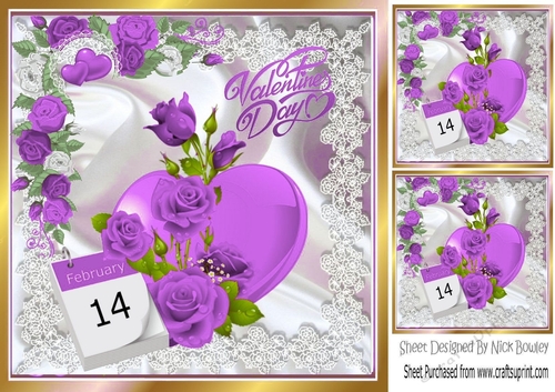 14th Feb Valentines day hearts, satin, lace and purple roses 8x8
