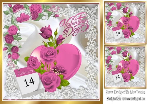 14th Feb Valentines day hearts, satin, lace and pink roses 8x8
