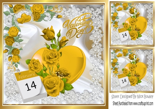 14th Feb Valentines day hearts, satin, lace and gold roses 8x8