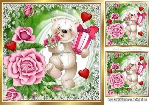 Pretty pink roses red hearts and cute litle bear 8x8