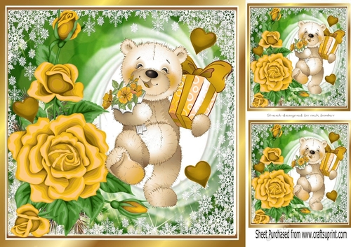 Pretty gold roses gold hearts and cute little bear 8x8