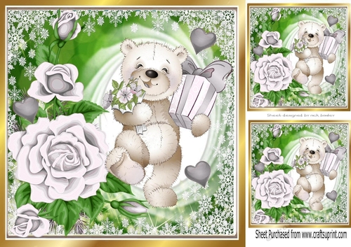 Pretty white roses silver hearts and cute litle bear 8x8
