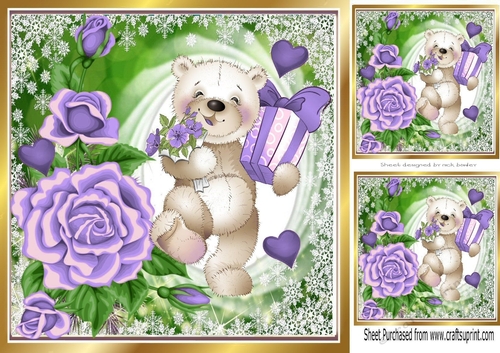 Pretty purple roses purple hearts and cute litle bear 8x8
