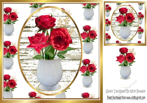 Pretty red roses in a white vase  8x8 card front