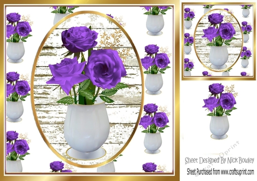 Pretty purple roses in a white vase  8x8 card front