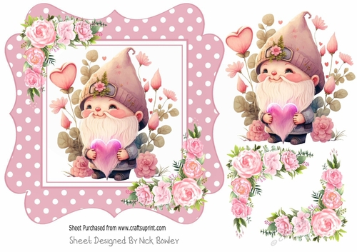 Cute valentine gnome with pink roses 7x7 (two)