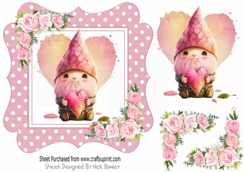 Cute valentine gnome with pink roses 7x7 (three)