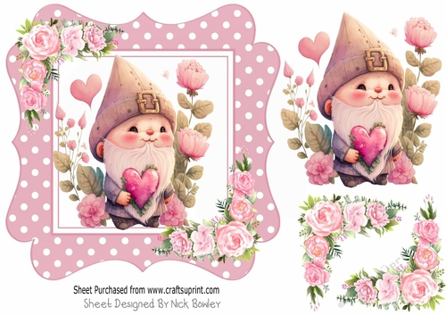 Cute valentine gnome with pink roses 7x7 (four)