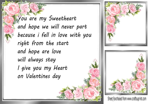 Lovely Card Front/ Insert with pink roses and valentine verse 8x8