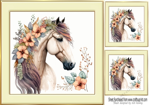 Beautiful Horse with flowers in cream/gold frame 8x8 (one)
