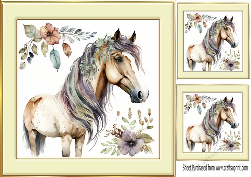Beautiful Horse with flowers in cream/gold frame 8x8 (two)