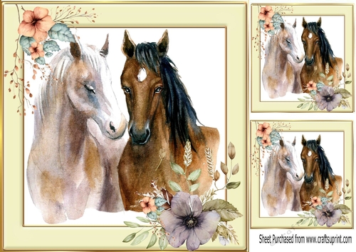 Beautiful Horse with flowers in cream/gold frame 8x8 (three)