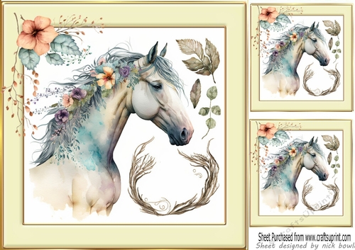 Beautiful Horse with flowers in cream/gold frame 8x8 (four)