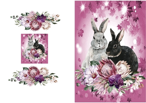 Cute Rabbits with pink/lilac flowers A5 Folded Card