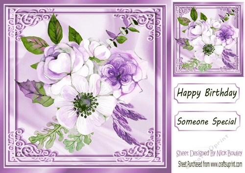 Pretty White and lilac Floral Bouquet in ornate 8x8 frame