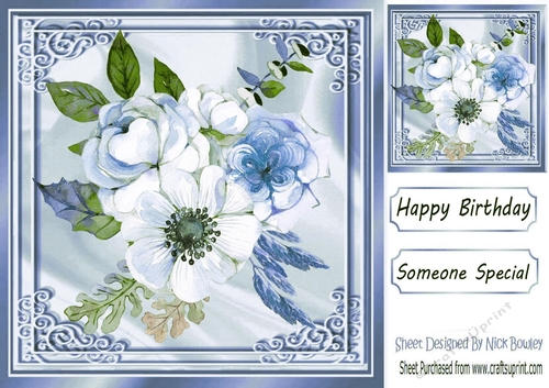 Pretty White and Blue Floral Bouquet in ornate 8x8 frame