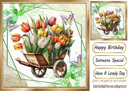 Pretty flowers in a wheel barrow and butterflies 8x8(one)