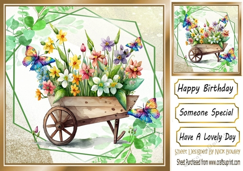 Pretty flowers in a wheel barrow and butterflies 8x8 (two)
