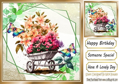 Pretty flowers in a wheel barrow and butterflies 8x8 (three)