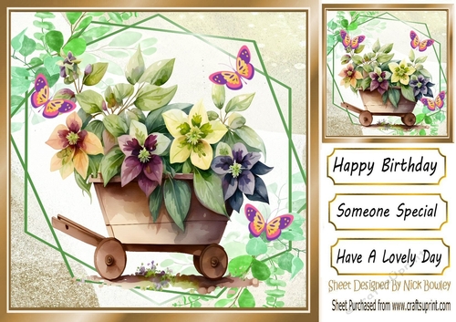 Pretty flowers in a wheel barrow and butterflies 8x8 (four)