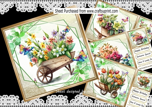  4 Pretty flowers in a wheel barrows and butterflies 8x8 Mini kit