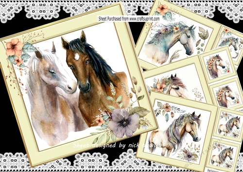  4 Beautiful Horses with flowers in cream/gold frames 8x8 Mini kit