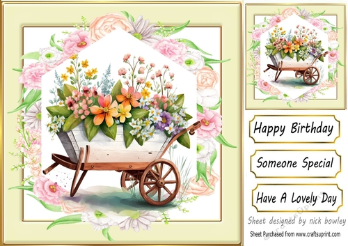 Lovely flowers in a wheel barrow, cream and floral 8x8 frame (one)