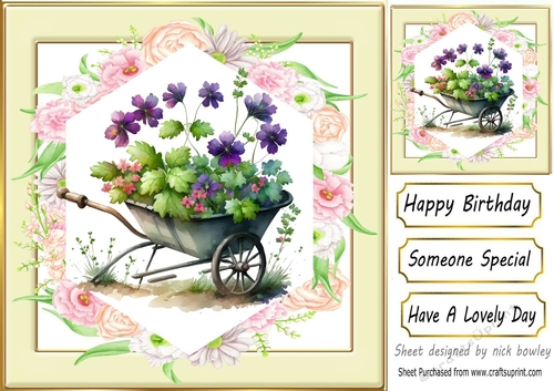 Lovely flowers in a wheel barrow, cream and floral 8x8 frame (two)
