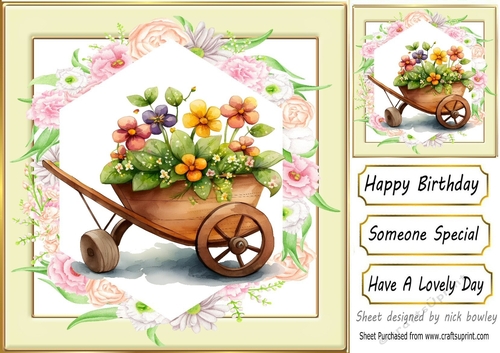 Lovely flowers in a wheel barrow, cream and floral 8x8 frame (three)